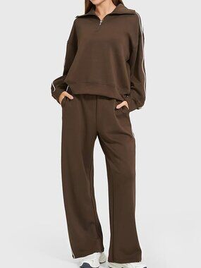 Athleisure Modal Blend Wide Leg Pants and Quarter Zip Top Track Set Loungewear